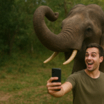 Selfie dengan gajah liar di alam terbuka