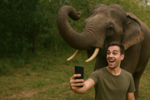 Selfie dengan gajah liar di alam terbuka